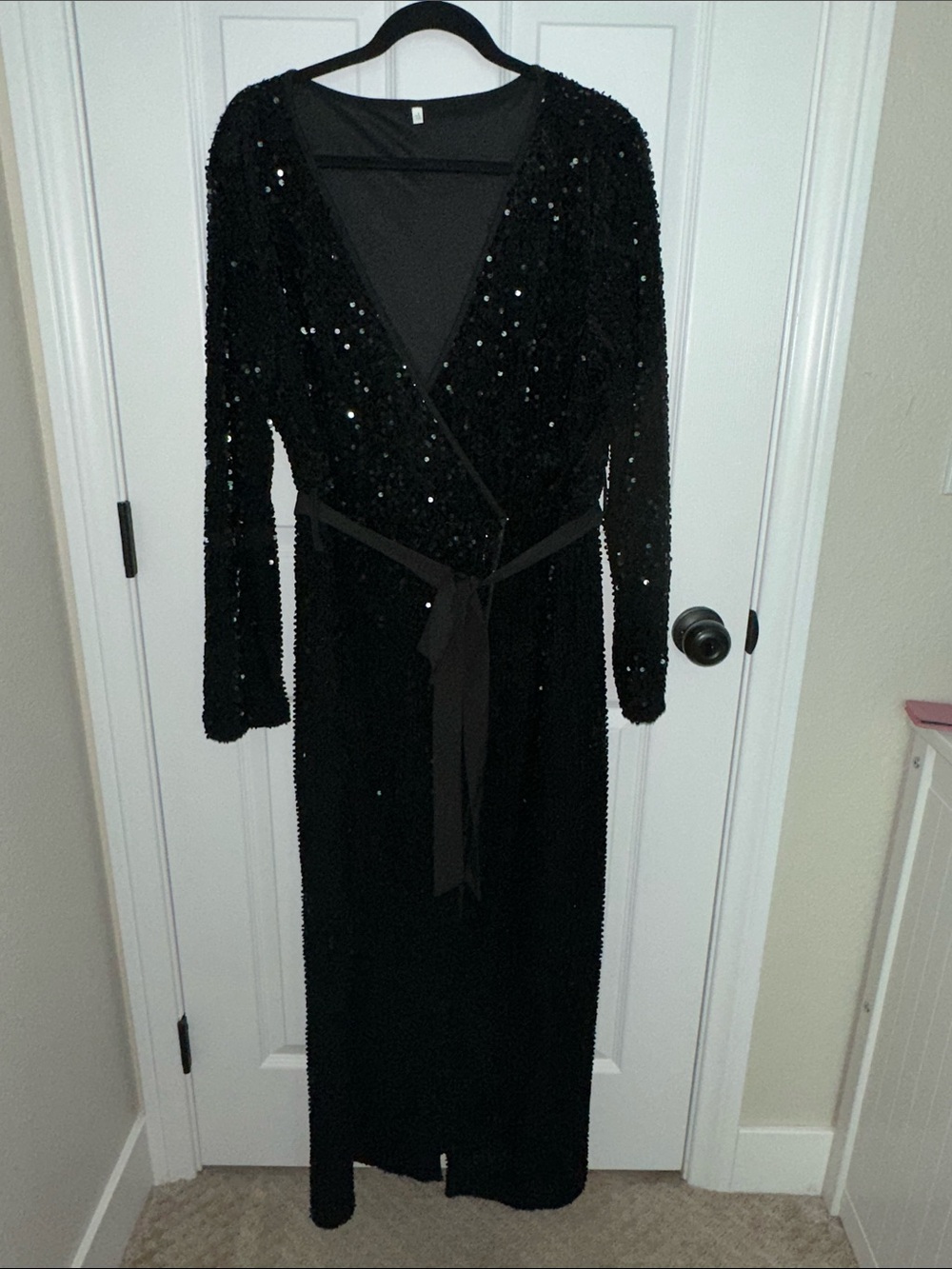 Black Sequin Wrap Long-Sleeve Evening Dress